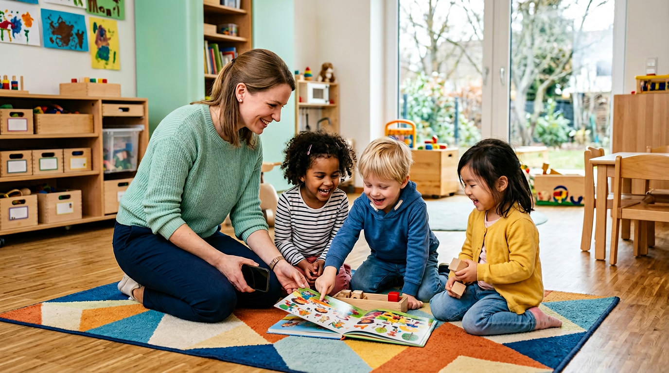 Erzieherin im Gruppenalltag mit Kindern – mit App4KITAs mehr Zeit für die Kinder, weniger Zettelarbeit