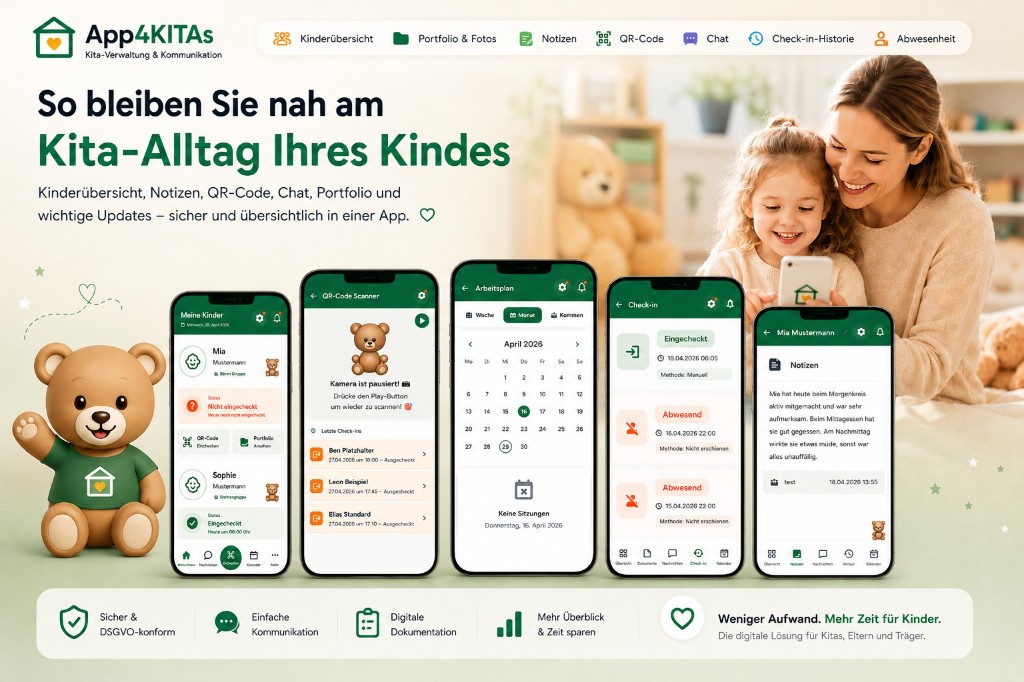 App4KITAs App: So bleiben Sie nah am Kita-Alltag – Kinderübersicht, Portfolio, Notizen, QR-Code, Chat und Check-in-Historie auf dem Smartphone, DSGVO-konform